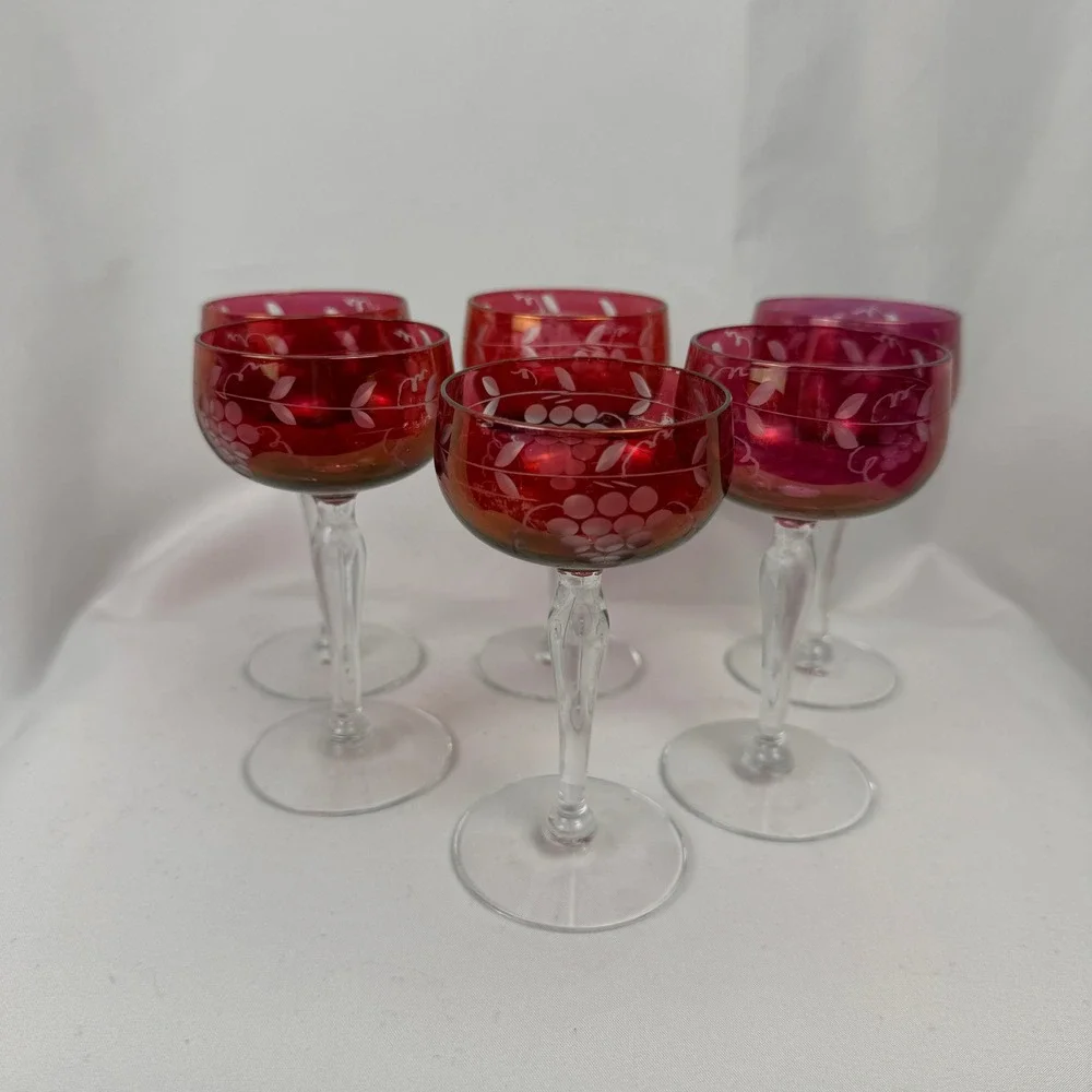 Vintage Cranberry Glass Cordial Set 6 Red Etched Grape Vine Clear Stem Barware
